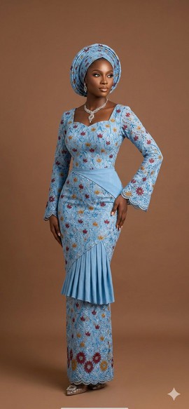 Aso Ebi bleu poudré et floral à bordure festonnée