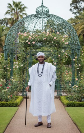 White Agbada &amp; Trousers Set With Cap