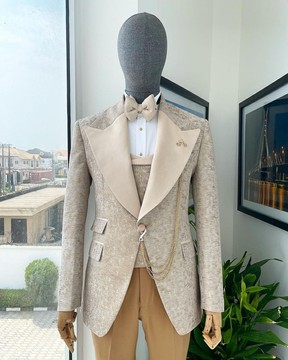 A splash of tortilla &amp; wheat brown peak lapel metallic jacquard tuxedo suit