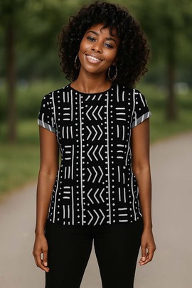 T-shirt tribal afro-chic pour femme, imprimé africain noir et blanc
