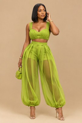 Lime Green Sheer Mesh Crop Top &amp; Balloon Pants Two-Piece Set