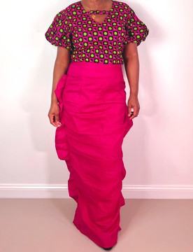 Vibrant Pink Ruffled Ruched Maxi Skirt with Blouse Set