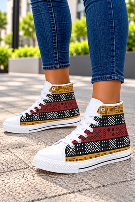Colorful banded mudcloth  Women's Classic High Top Canvas Shoes | African Print Sneakers