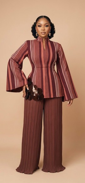 Ensemble coordonné élégant 2 pièces pour femme à rayures verticales, avec manches cloche et pantalon plissé à jambes larges