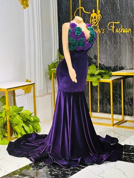 Backless plunging neckline Purple velvet mermaid prom dress,