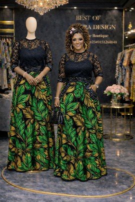 Luxury Ankara Maxi Skirt &amp; Lace Top Set – Green Leaf African Print Long Skirt with Pocket