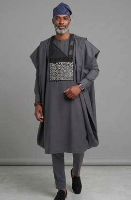 Men's Grey Agbada Set with Black and White Geometric Embroidery