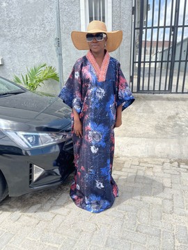 Africain Batik Boubou Maxi avec détail de cou (Pêche/Bleu)