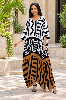 Robe midi à col en V et manches courtes pour femme en imprimé africain | Robe midi en imprimé africain | Bynelo