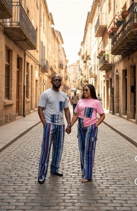 Matching Couple Aso Oke Set – His &amp; Hers Handwoven Ofi Wide Leg Pants with Patch T-Shirts