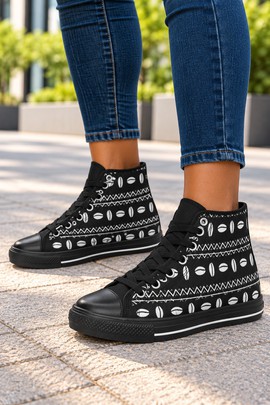 Afro Cowrie Shell Monochrome Women's Classic High Top Canvas Shoes | Black and White Sneakers
