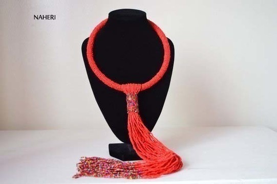 African beaded tie necklace | African tassel necklace | Tribal handmade jewelry