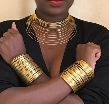 A set of Brass choker, and 2 cuff, brass cuffs, brass bracelets, brass jewelry