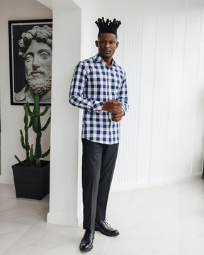 A white, navy &amp; sky blue checkerboard English spread collar business shirt.