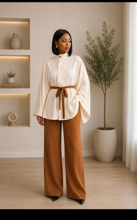 Ensemble blouse ceinturée en crêpe crème et pantalon large camel pour femme – Tenue de bureau deux pièces