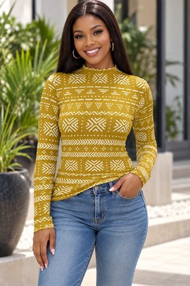 African Ethnic Tribal Gold Women's Mesh Long Sleeve T-Shirt | African Fashion | Bynelo