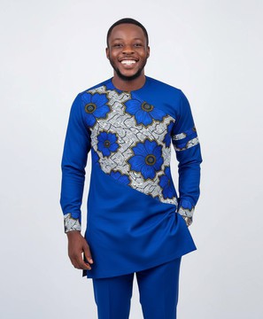 Ankara print men's suit, royal blue African suit, modern dashiki, Kente style top