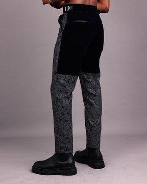A Navy blue &amp; gold metallic Jacquard straight cut pant