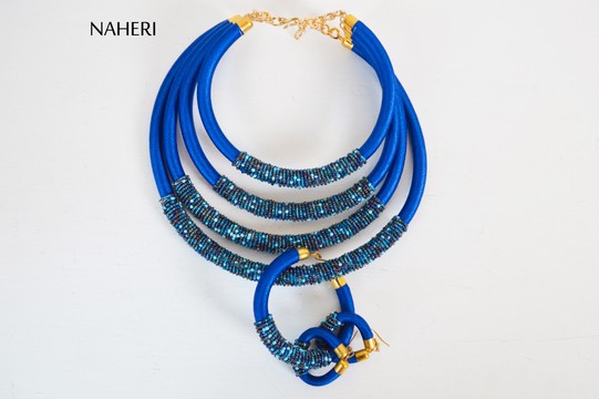 African inspired beaded layered necklace set | Handmade blue tribal neck piece