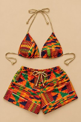 Ensemble deux pièces pour femme en imprimé kente africain – Haut triangle coloré à nouer au cou