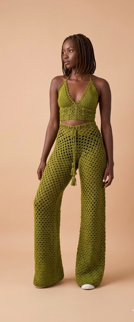 Handmade Crochet Two-Piece Set with Halter Crop Top &amp; Wide-Leg Pants