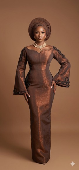 Metallic Bronze Aso Oke Column Gown