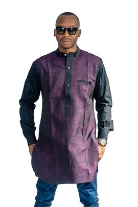 Half Collar Purple and Black Dress Shirt, African Men Shirt, African Clothing