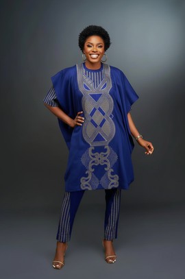 Elegant Blue 3-Piece African Women’s Outfit – Embroidered Kaftan Top, Matching Pants &amp; Inner Wear