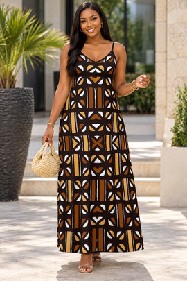 Robe longue élégante à col V afrocentrique en bogolan pour femme avec poches | Robe longue en bogolan