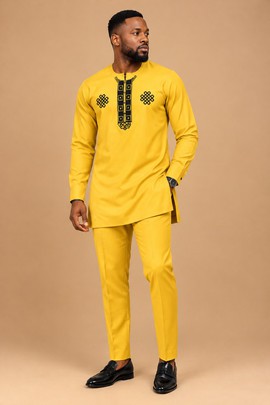 Men’s Mustard Yellow African Native Two-Piece Set with Black Embroidery