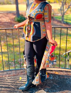Black Multicolor Dashiki Print African Print Ankara High Low Ruffle Peplum Blouse
