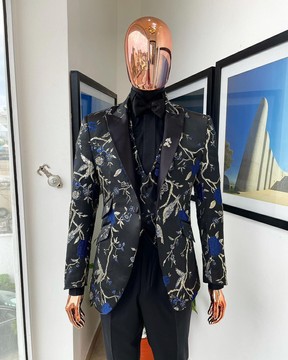 A Gold, black and blue peak lapel, raven and forest metallic pattern jacquard dinner Suit