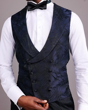 A double breasted, curved peak lapel waistcoat