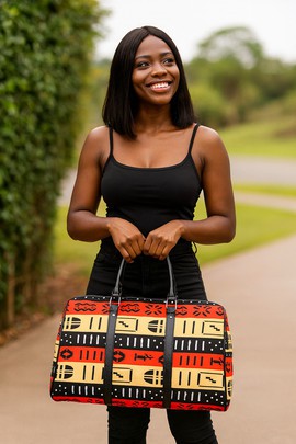 African Leather Bag for Travel Boho Mud Cloth Pattern