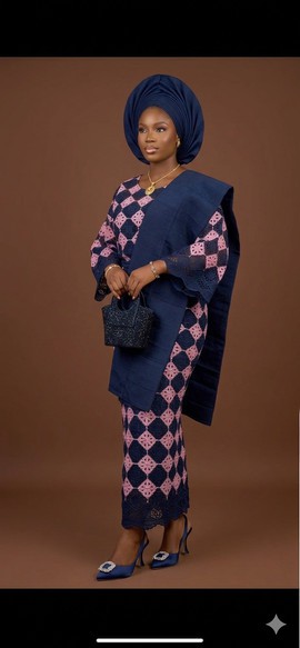 Elegant Navy and Pink Geometric Lace Iro and Buba Ensemble