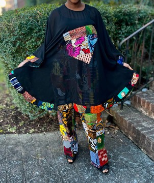 Tribal Print Patchwork Design Oversized Cape Top and Pants Set