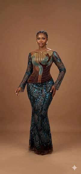 Ensemble corset à basque en velours bleu canard et bronze