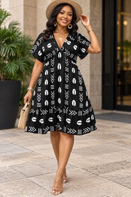 Robe kimono à manches courtes et col V pour femme, imprimé cauris africains | Robe africaine à imprimé cauris
