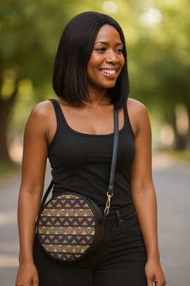 Black Clutch Bag Round Sling Mud Cloth Afrocentric Print