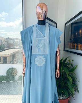 A Maya Blue, undulating connected squares embroidery Agbada