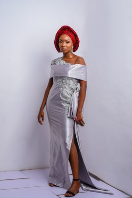 Silver dress with appliqué, African women wedding dress, prom gowns, bridal dresses
