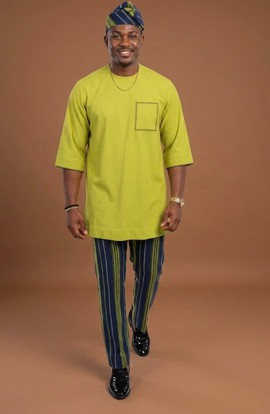 Men's Lime Green and Navy Striped Senator Set with Contrast Pocke