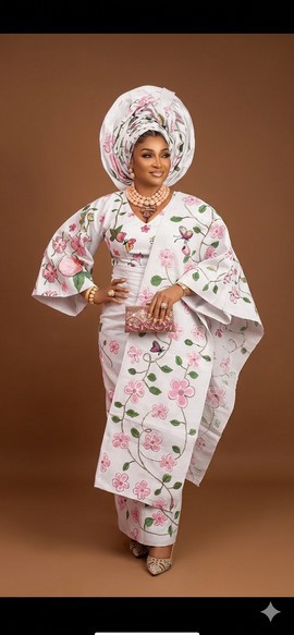 Crisp White and Pink Floral Embroidered Aso Oke Gown