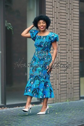 NOMFUNDO BLUE MIDI SMOCKED DRESS