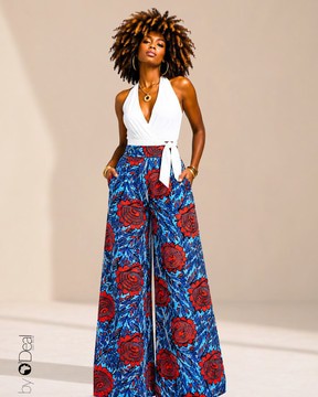 Pantalon large taille haute imprimé wax de luxe