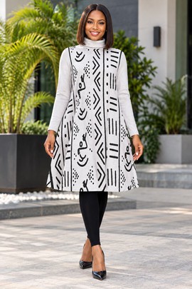 Robe tunique à col roulé blanche pour femme à motif de bogolan | Mode africaine | Bynelo
