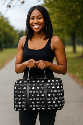 African Travel Bag Leather Cowrie Print Black &amp; White