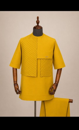 Men's Mustard Yellow Senator Style Cotton Top &amp; Trousers Set