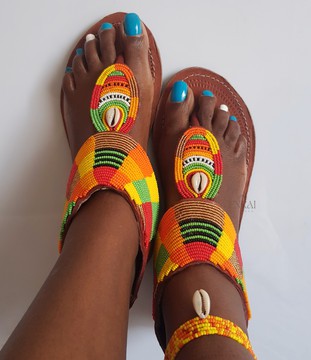 Cowrie shell maasai sandals – Leather beaded shoes