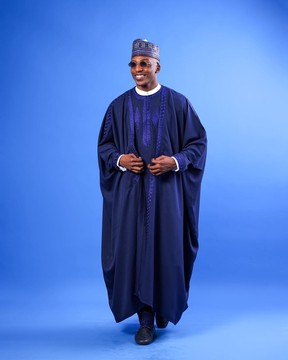 A Navy blue “IBB”, arewa front cut, traditional detailing embroidery details tagbada